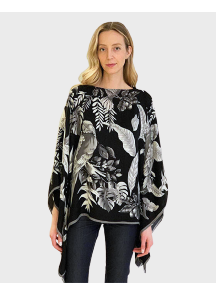 PRINTED CASHMERE PONCHO: BIRDS: BLACK