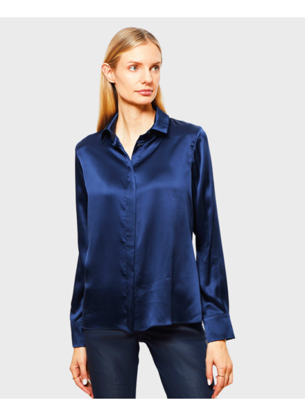 SILK COLLAR BUTTON FRONT WITH SIDE SLITS SHIRT: SIMONA: MIDNIGHT