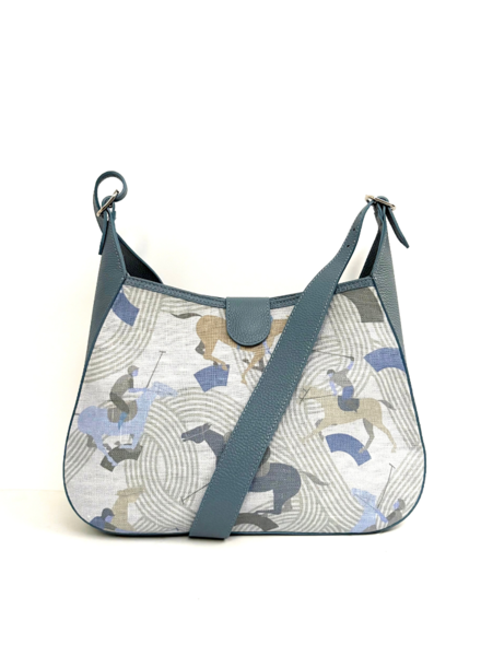 PRINTED LINEN AND LEATHER SHOULDER BAG: POLO: LIGHT BLUE