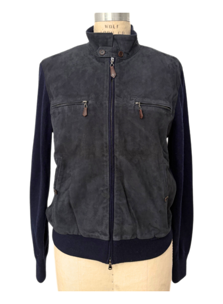 MEN SUEDE FRONT KNIT JACKET : NAVY