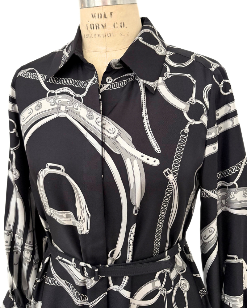 SILK SHIRT DRESS WITH BELT PRINT: LEXINGTON: BLACK
