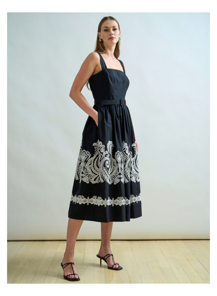 LONG COTTON STRAPS DRESS: BLACK WITH WHITE EMBROIDERY